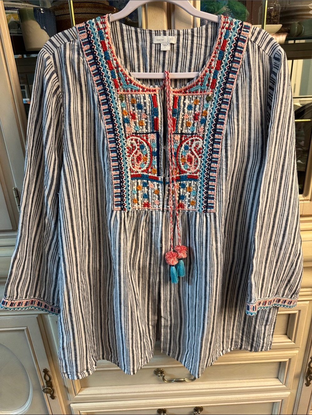 J. Jill Striped Embroidered Peasant Blouse in Navy, White & Coral Size Large